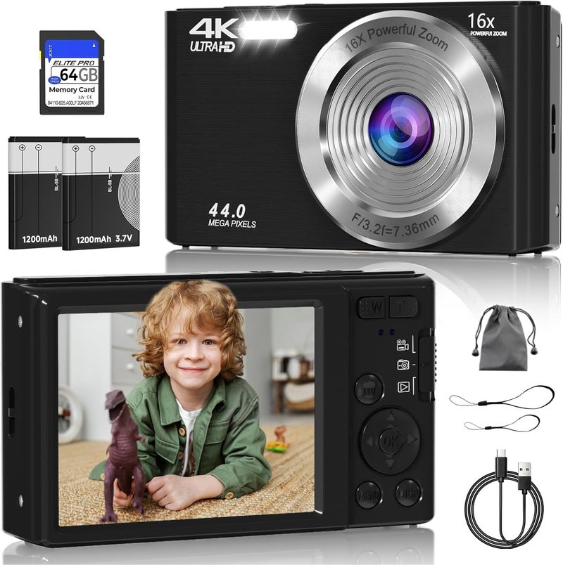 ceye Digital Camera, FHD 4K 44MP Digital Camera, 16X Digital Zoom, Digital Point and Shoot Camera with 3-LED Fill Lights, 64GB SD Card, Compact Camera for Kids Teen Boys Girls, Black - Image 1